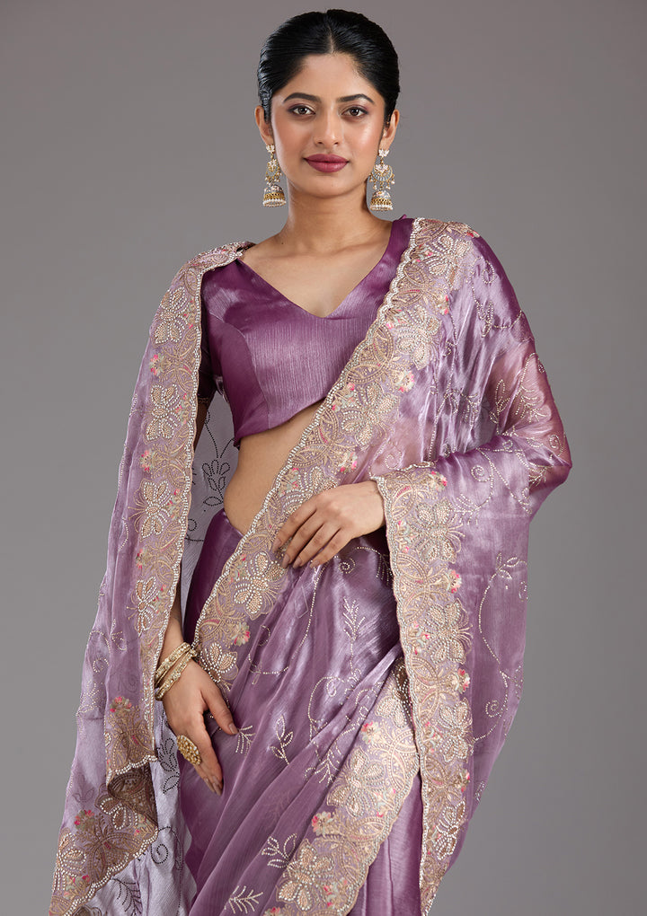 Lavender Organza Gold Stonework Saree With Matching Blouse Piece