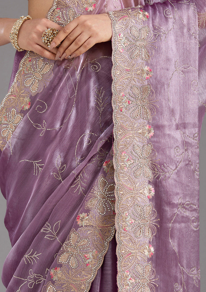 Lavender Organza Gold Stonework Saree With Matching Blouse Piece