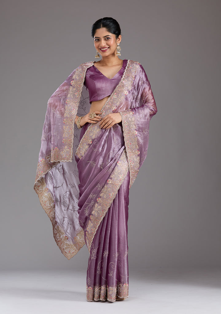 Lavender Organza Gold Stonework Saree With Matching Blouse Piece