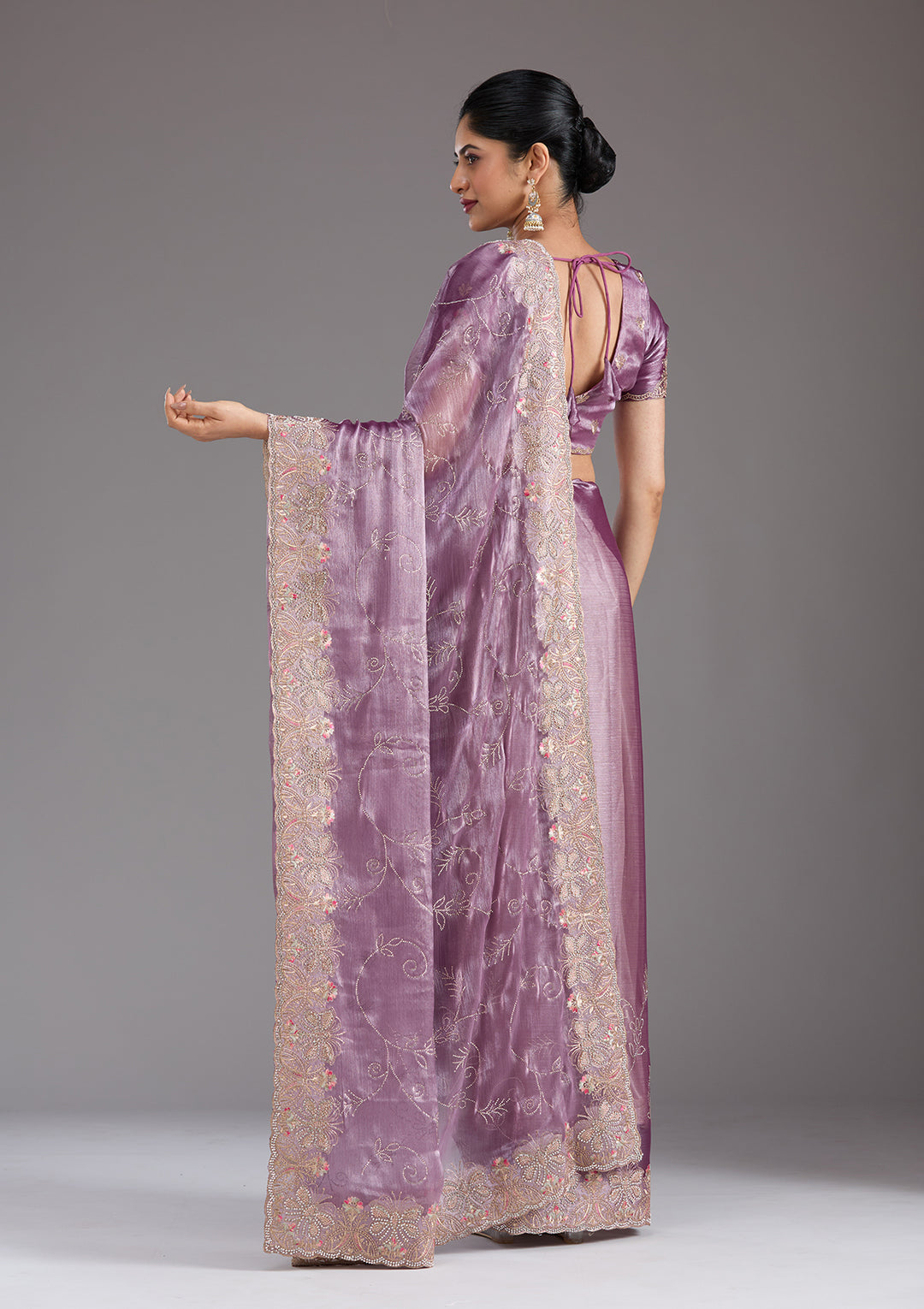 Lavender Organza Gold Stonework Saree With Matching Blouse Piece