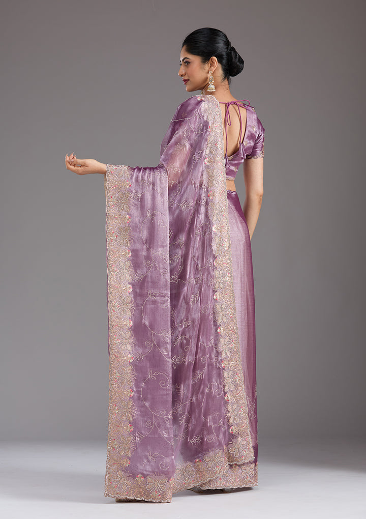 Lavender Organza Gold Stonework Saree With Matching Blouse Piece