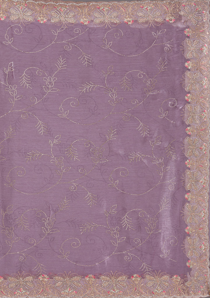 Lavender Organza Gold Stonework Saree With Matching Blouse Piece