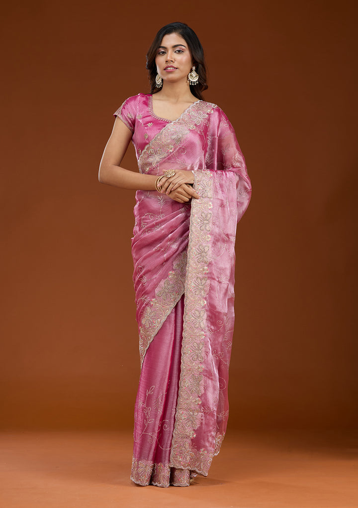 Pink Organza Gold Stonework Saree With Matching Blouse Piece