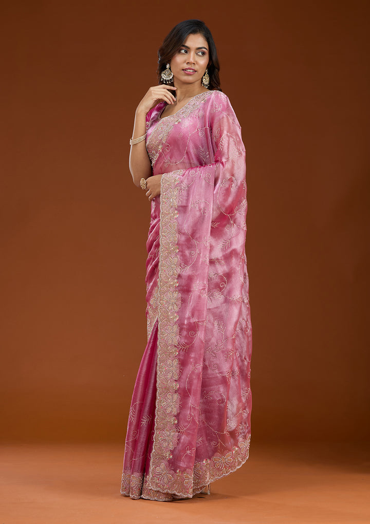 Pink Organza Gold Stonework Saree With Matching Blouse Piece