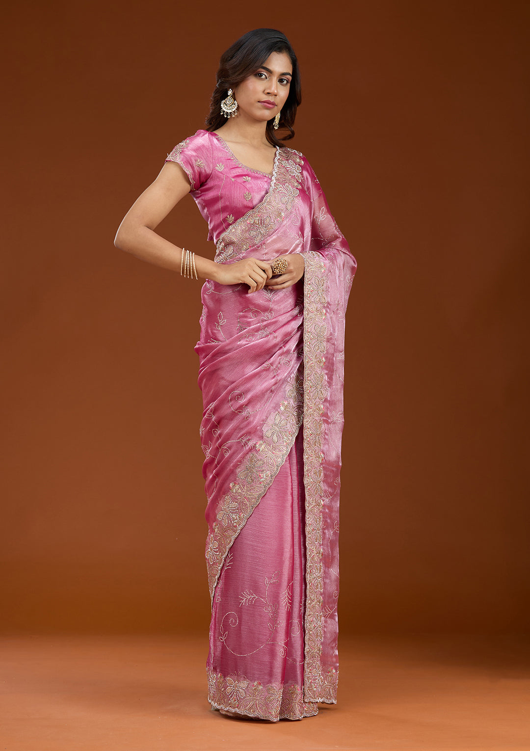 Pink Organza Gold Stonework Saree With Matching Blouse Piece