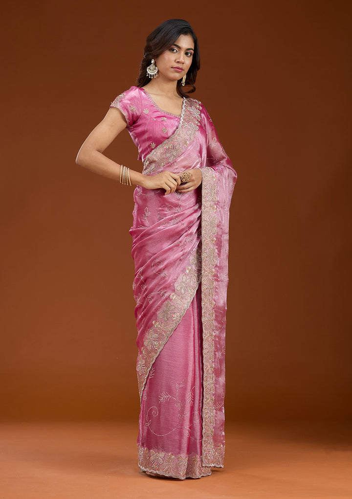 Pink Organza Gold Stonework Saree With Matching Blouse Piece