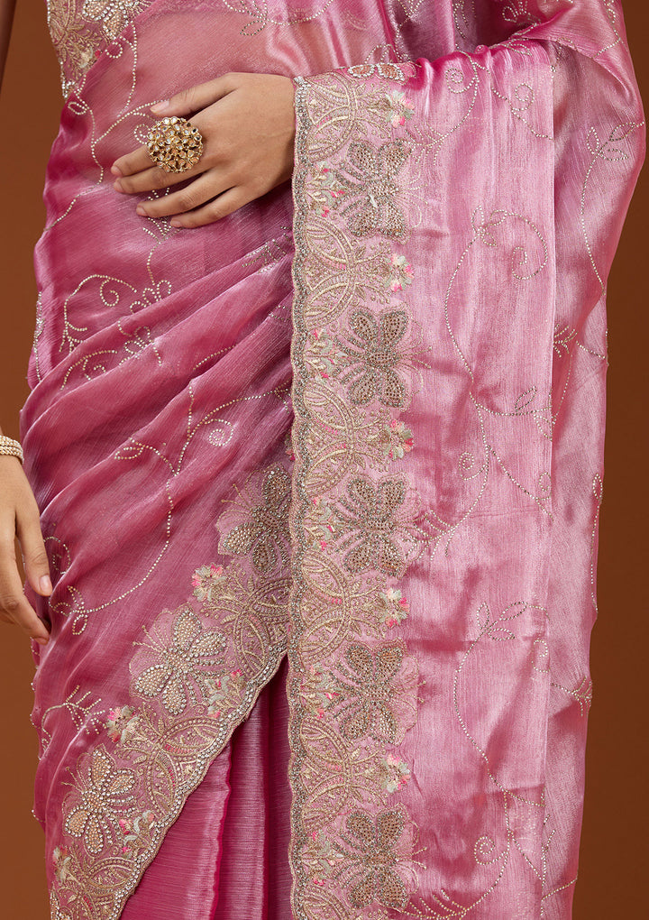 Pink Organza Gold Stonework Saree With Matching Blouse Piece