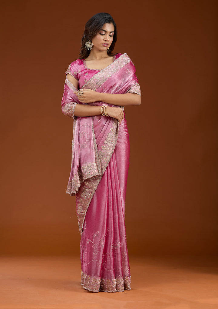 Pink Organza Gold Stonework Saree With Matching Blouse Piece