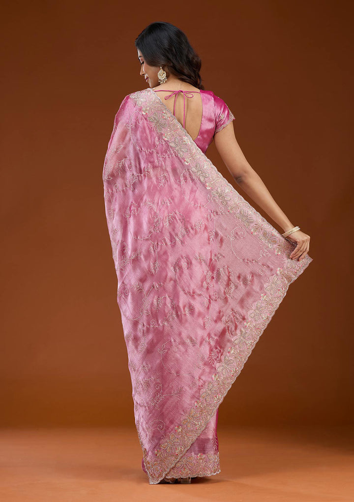 Pink Organza Gold Stonework Saree With Matching Blouse Piece