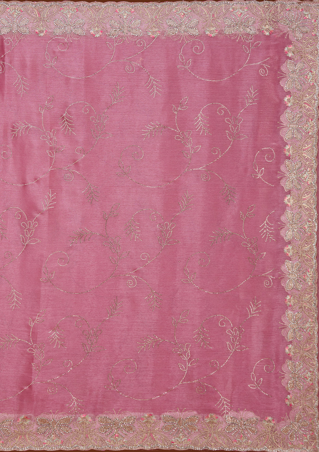 Pink Organza Gold Stonework Saree With Matching Blouse Piece