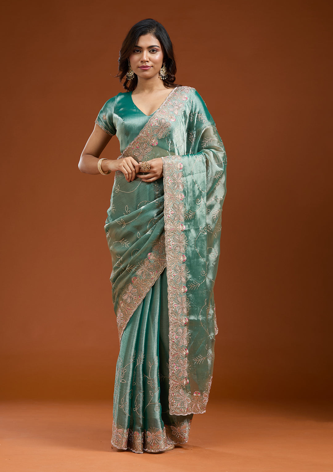 Sea Green Organza Gold Stonework Saree With Matching Blouse Piece