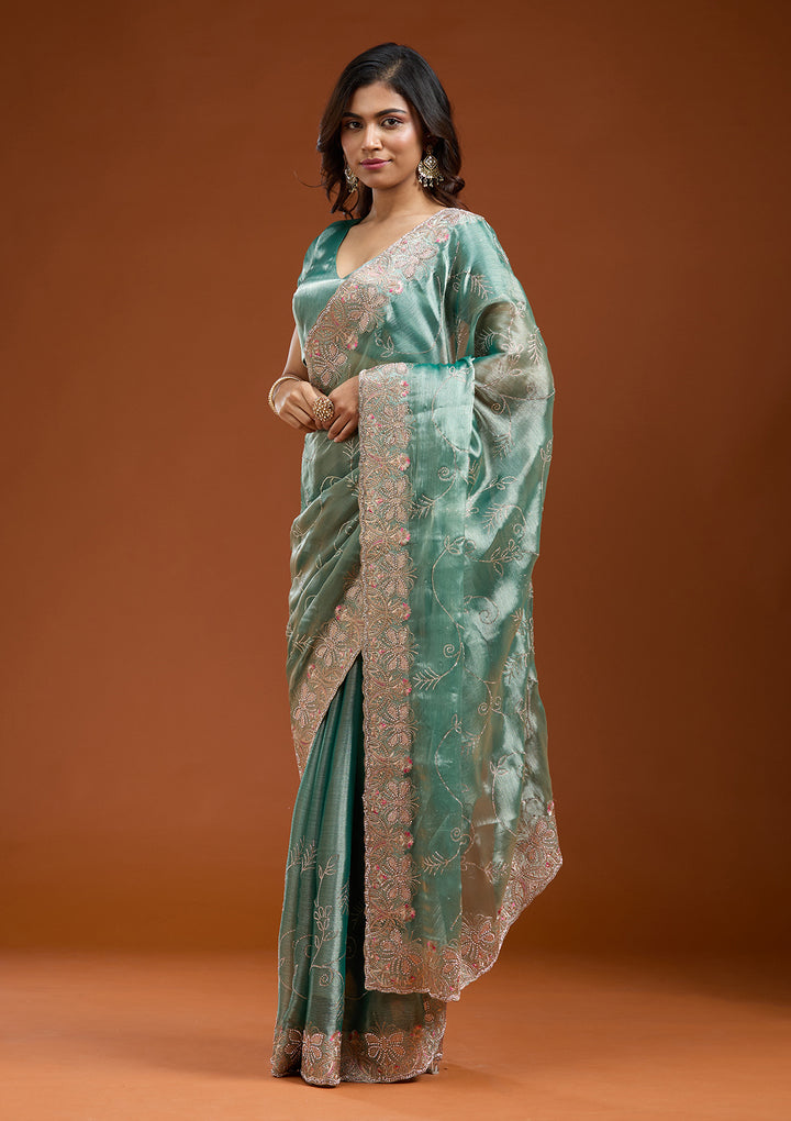 Sea Green Organza Gold Stonework Saree With Matching Blouse Piece