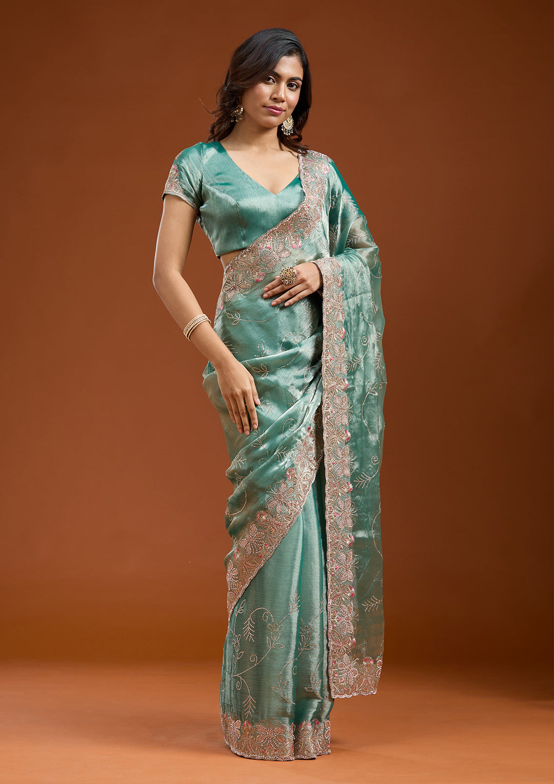 Sea Green Organza Gold Stonework Saree With Matching Blouse Piece