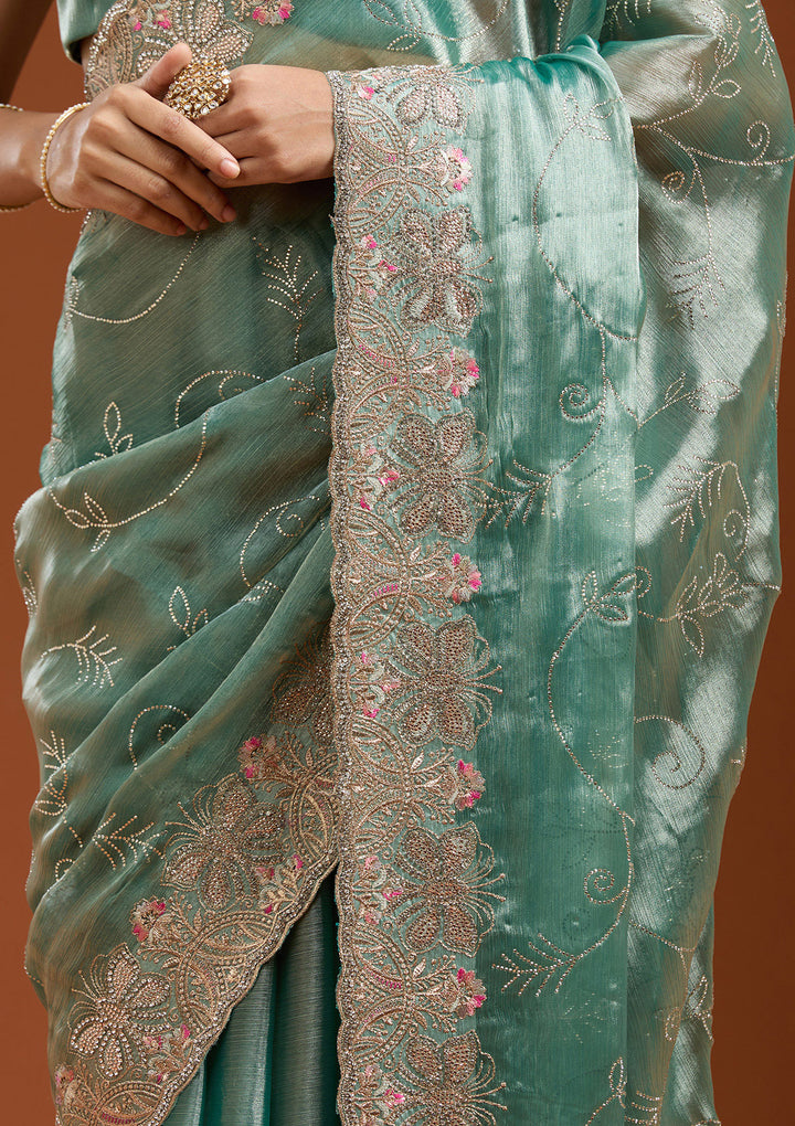 Sea Green Organza Gold Stonework Saree With Matching Blouse Piece