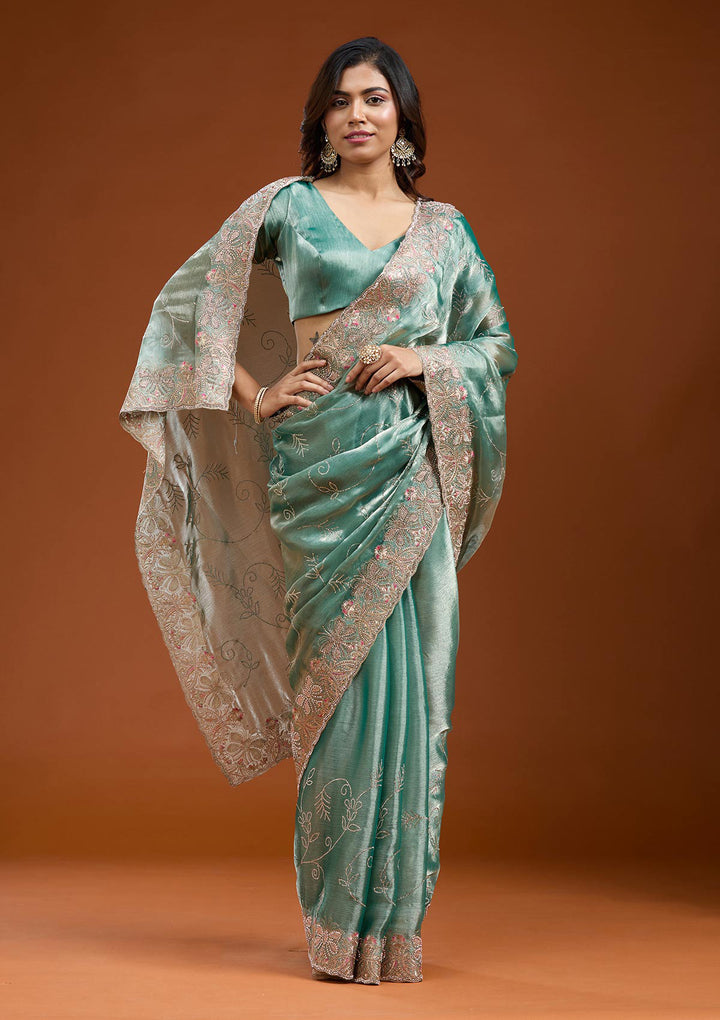 Sea Green Organza Gold Stonework Saree With Matching Blouse Piece