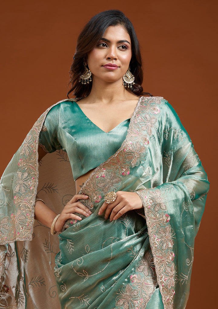 Sea Green Organza Gold Stonework Saree With Matching Blouse Piece