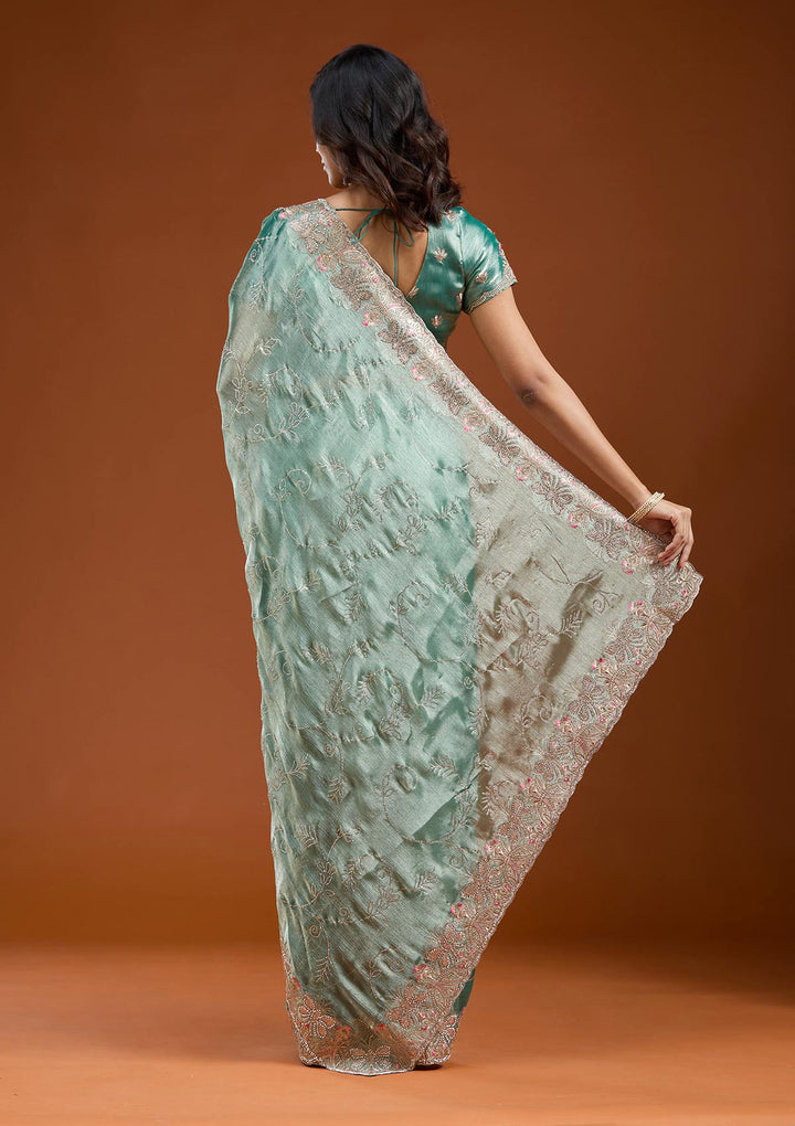 Sea Green Organza Gold Stonework Saree With Matching Blouse Piece