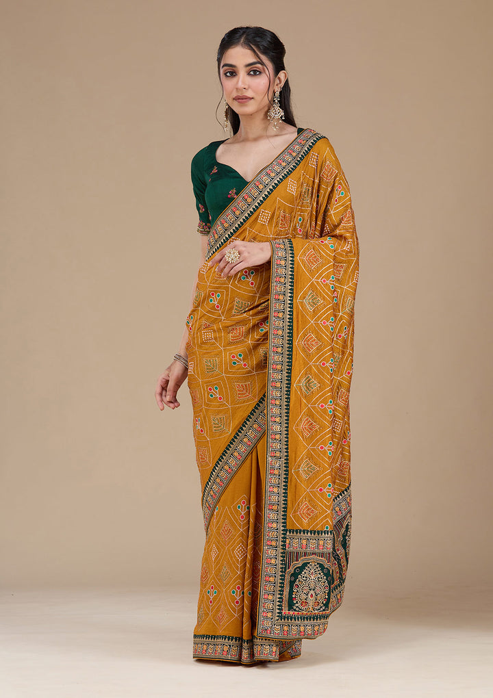 Mustard Threadwork Soft Raw Silk Saree