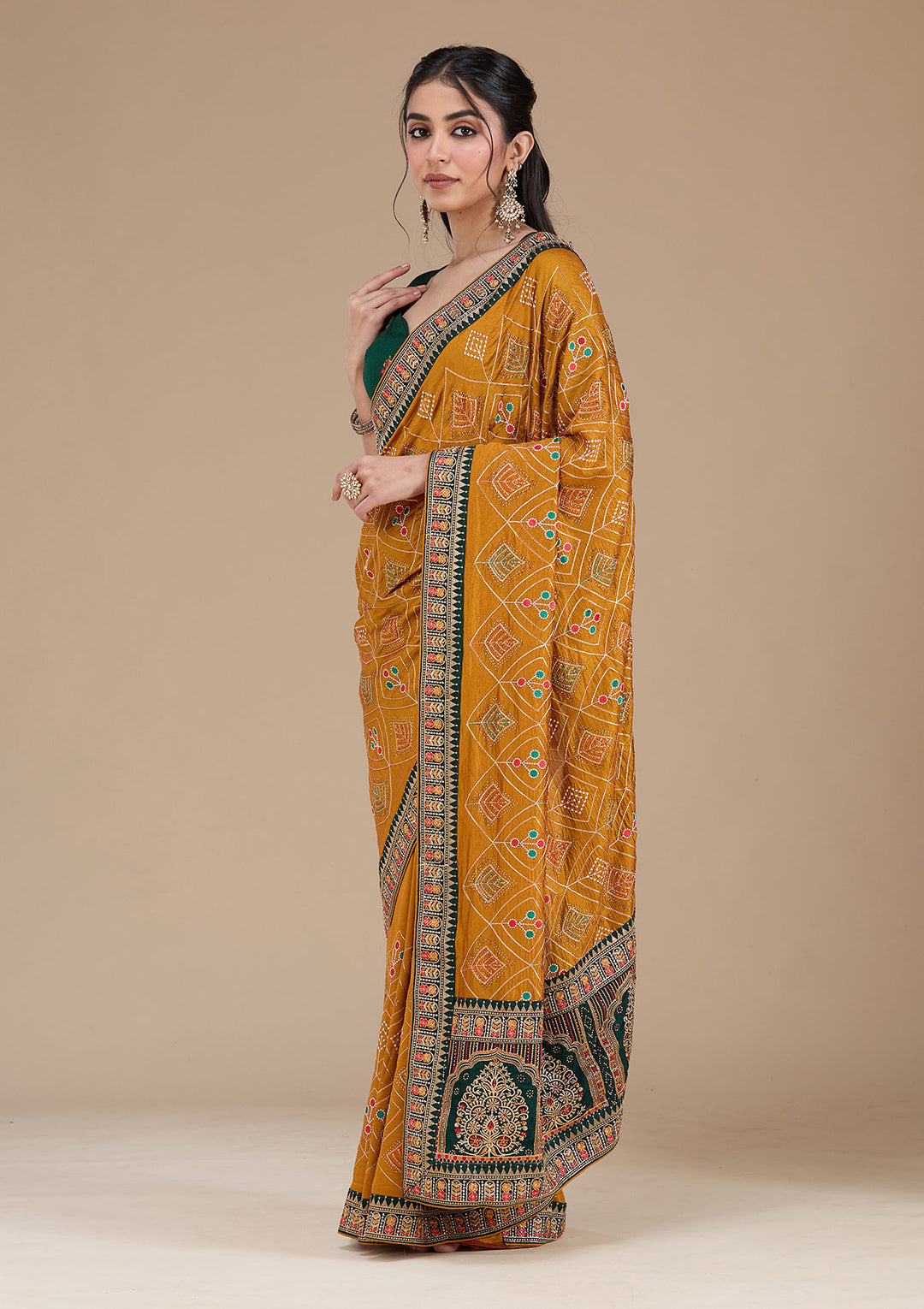 Mustard Threadwork Soft Raw Silk Saree