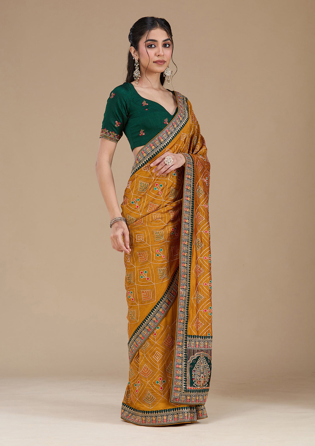 Mustard Threadwork Soft Raw Silk Saree