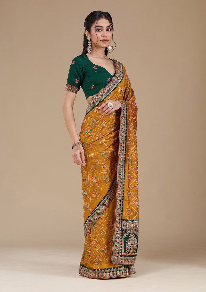 Mustard Threadwork Soft Raw Silk Saree
