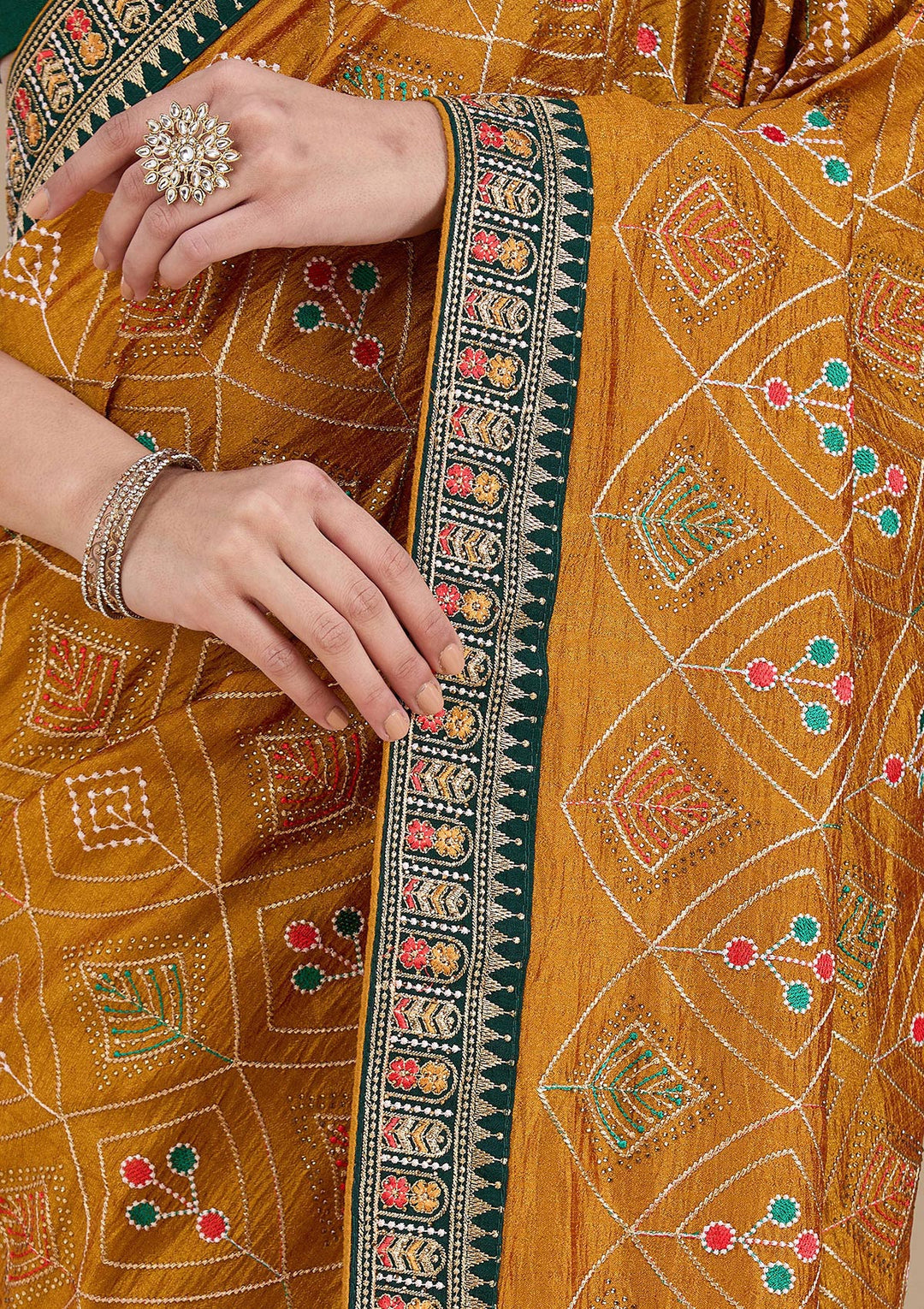 Mustard Threadwork Soft Raw Silk Saree