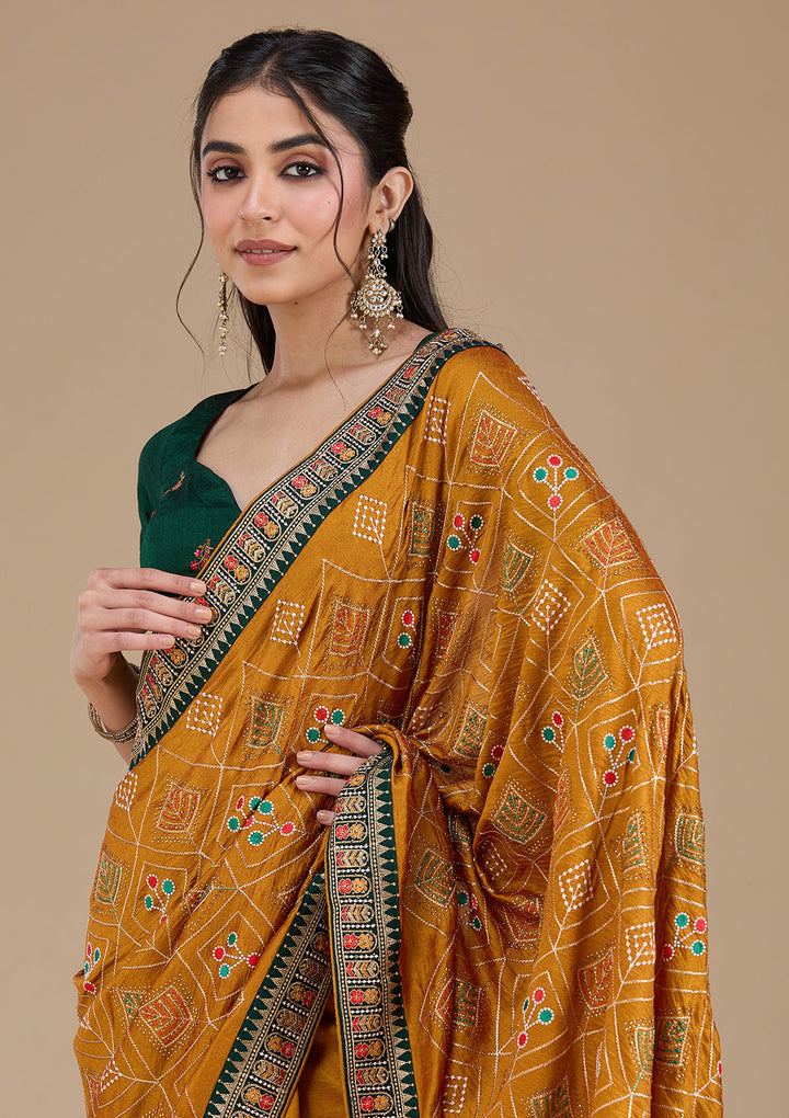 Mustard Threadwork Soft Raw Silk Saree