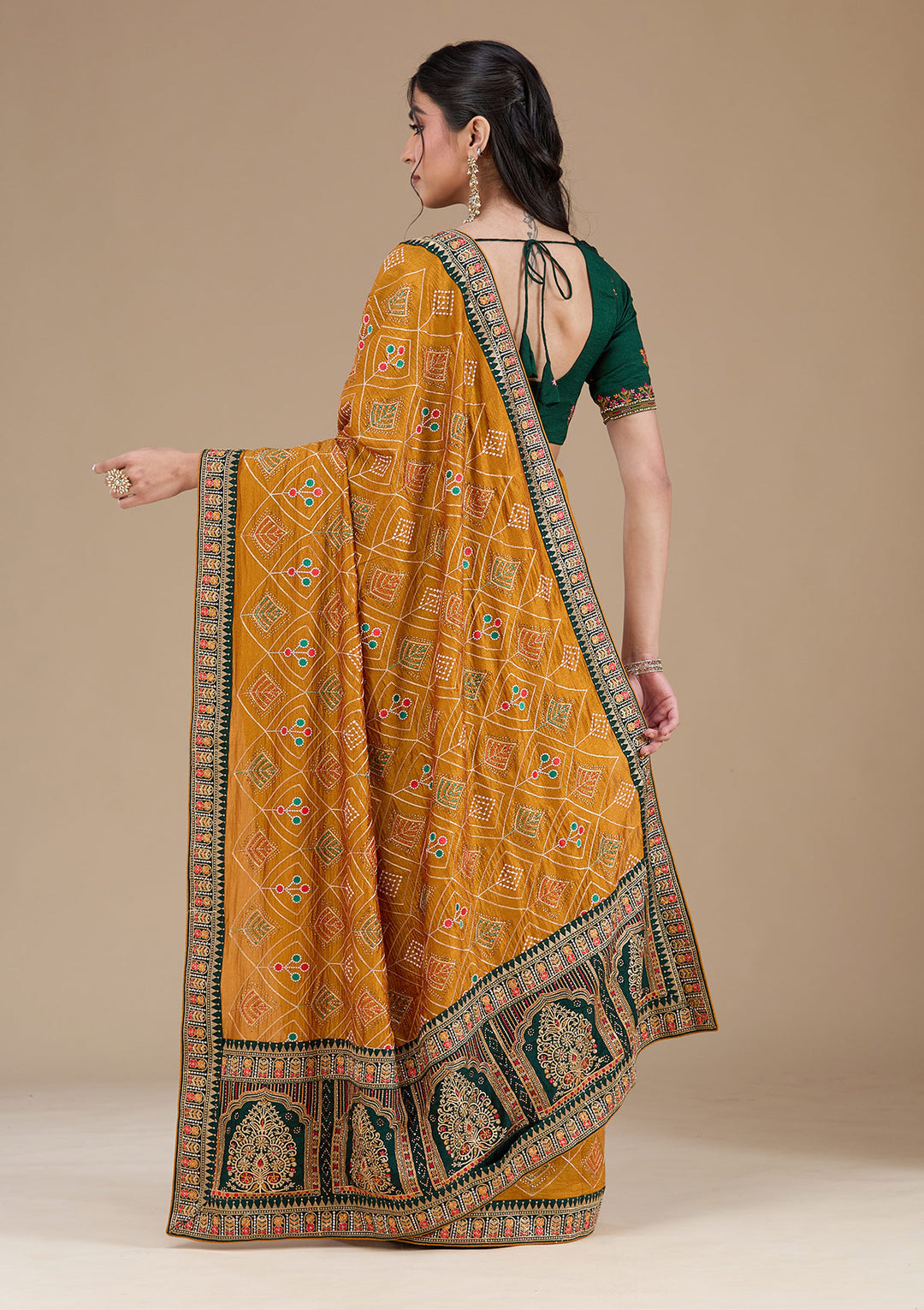 Mustard Threadwork Soft Raw Silk Saree