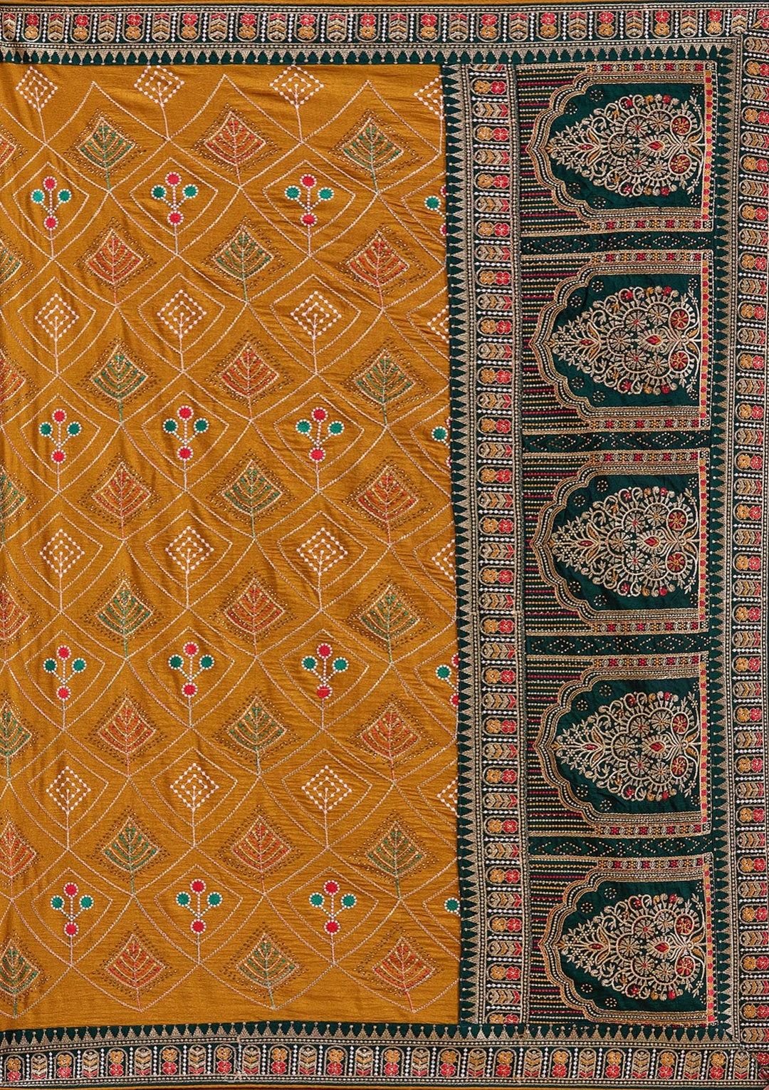 Mustard Threadwork Soft Raw Silk Saree