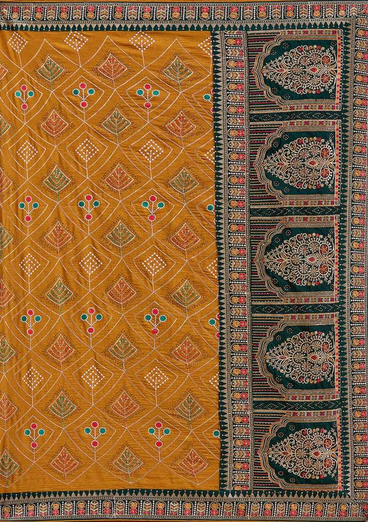 Mustard Threadwork Soft Raw Silk Saree