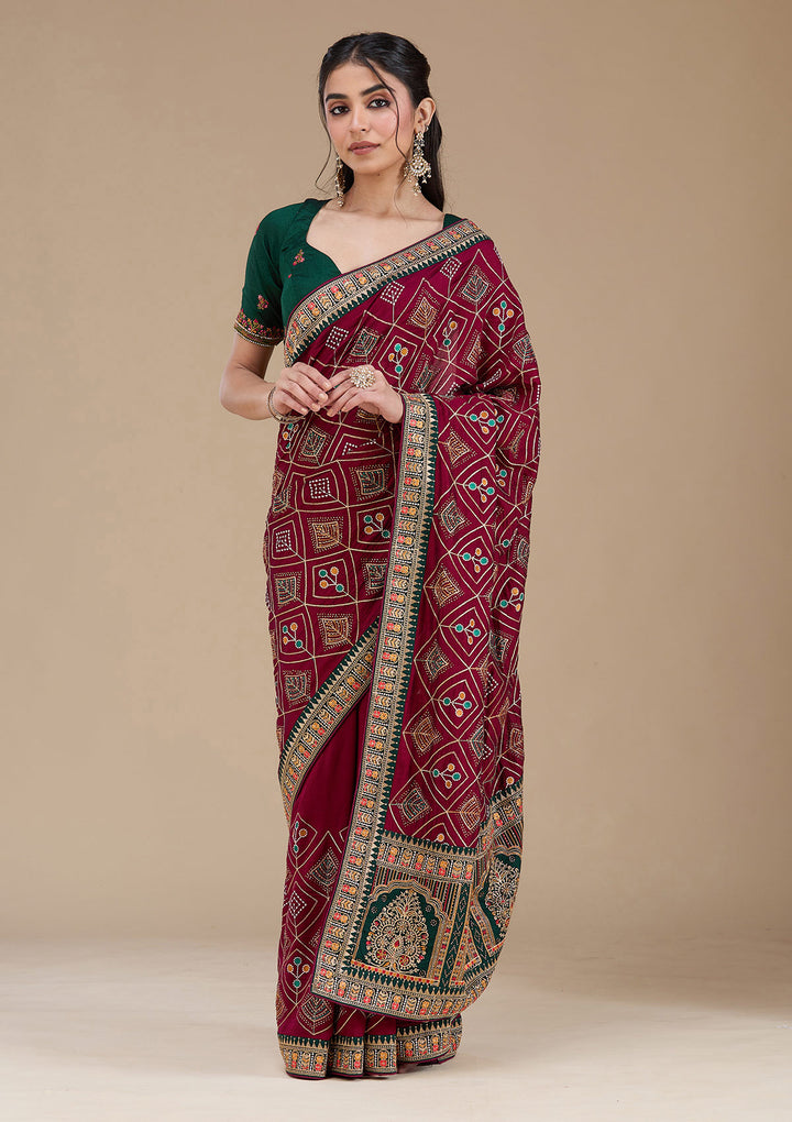 Wine Soft Raw Silk Bandhej Threadwork Saree With Matching Blouse Piece