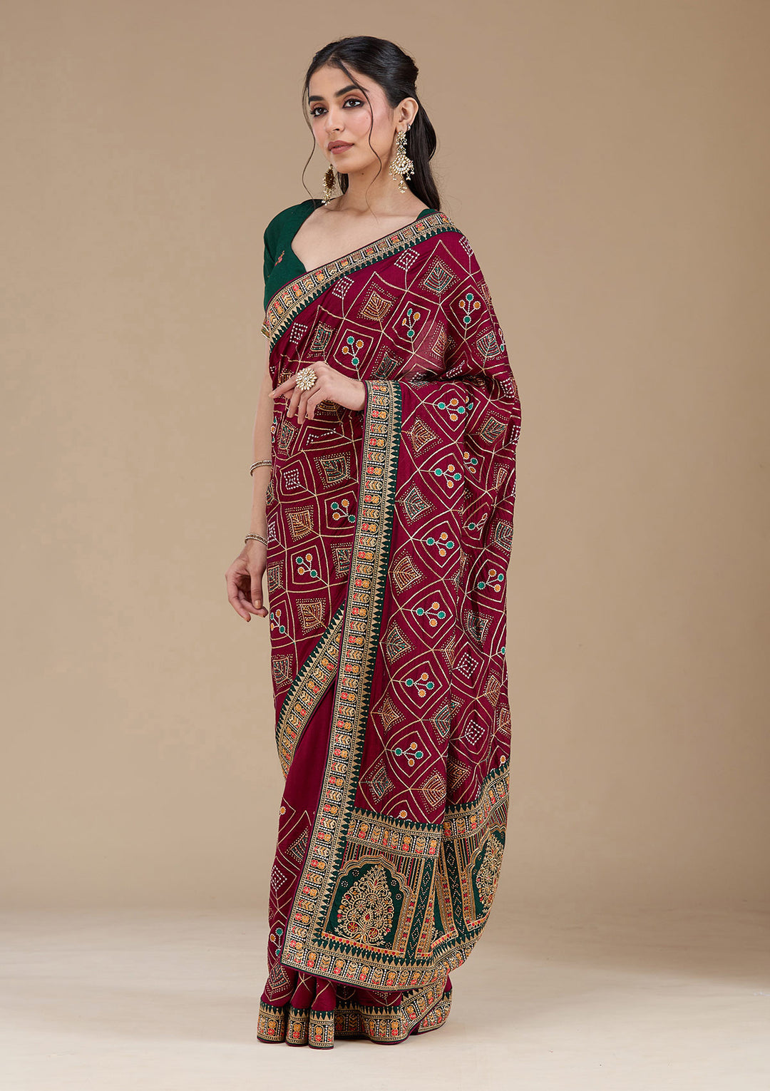 Wine Soft Raw Silk Bandhej Threadwork Saree With Matching Blouse Piece