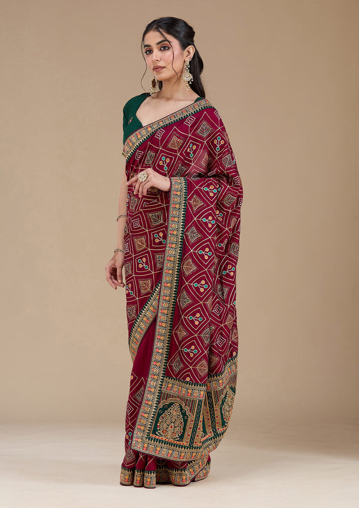 Wine Soft Raw Silk Bandhej Threadwork Saree With Matching Blouse Piece