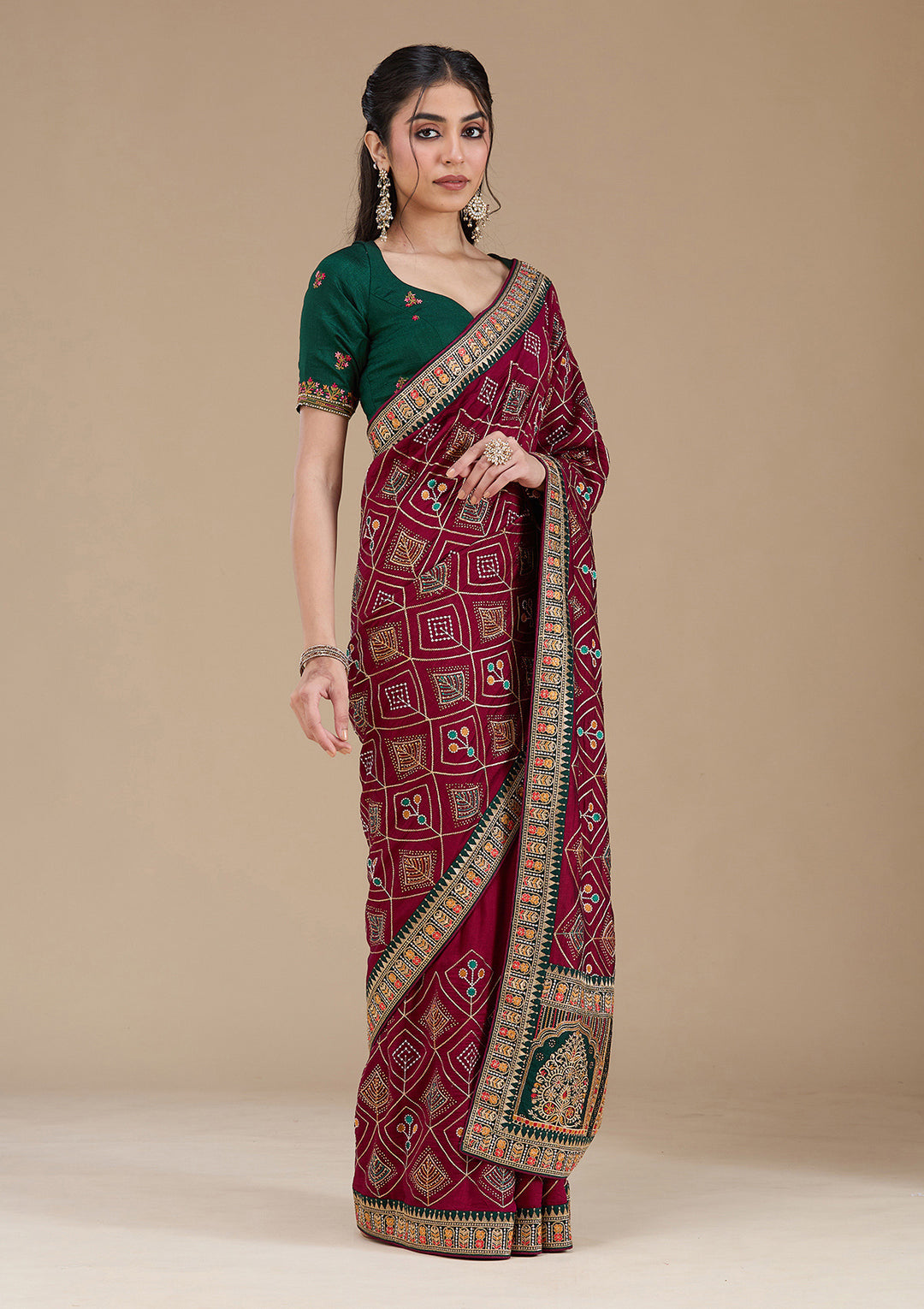 Wine Soft Raw Silk Bandhej Threadwork Saree With Matching Blouse Piece