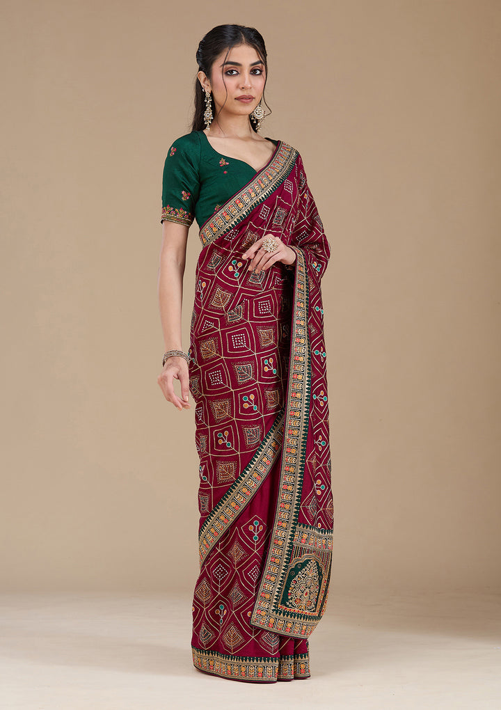 Wine Soft Raw Silk Bandhej Threadwork Saree With Matching Blouse Piece