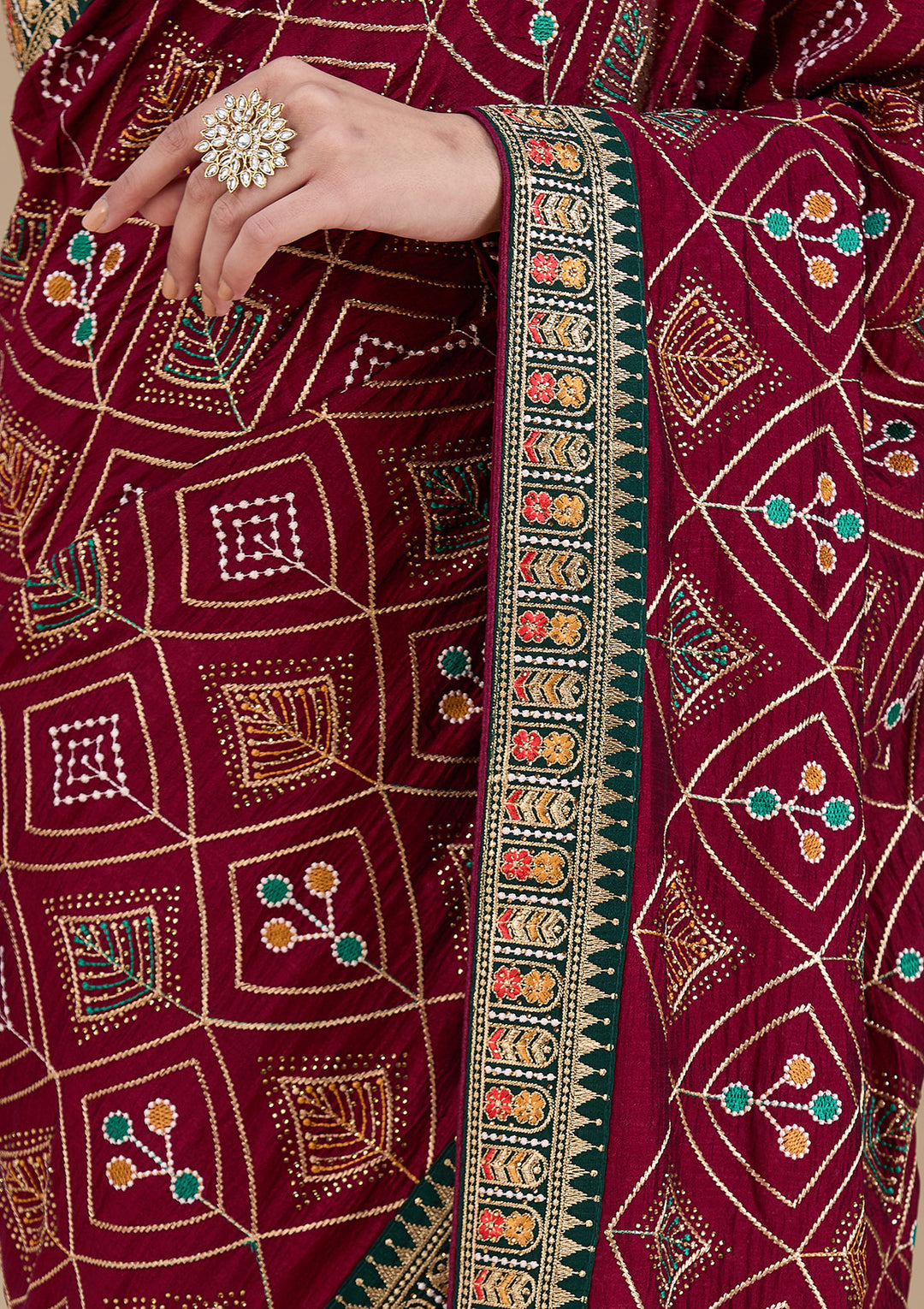 Wine Soft Raw Silk Bandhej Threadwork Saree With Matching Blouse Piece