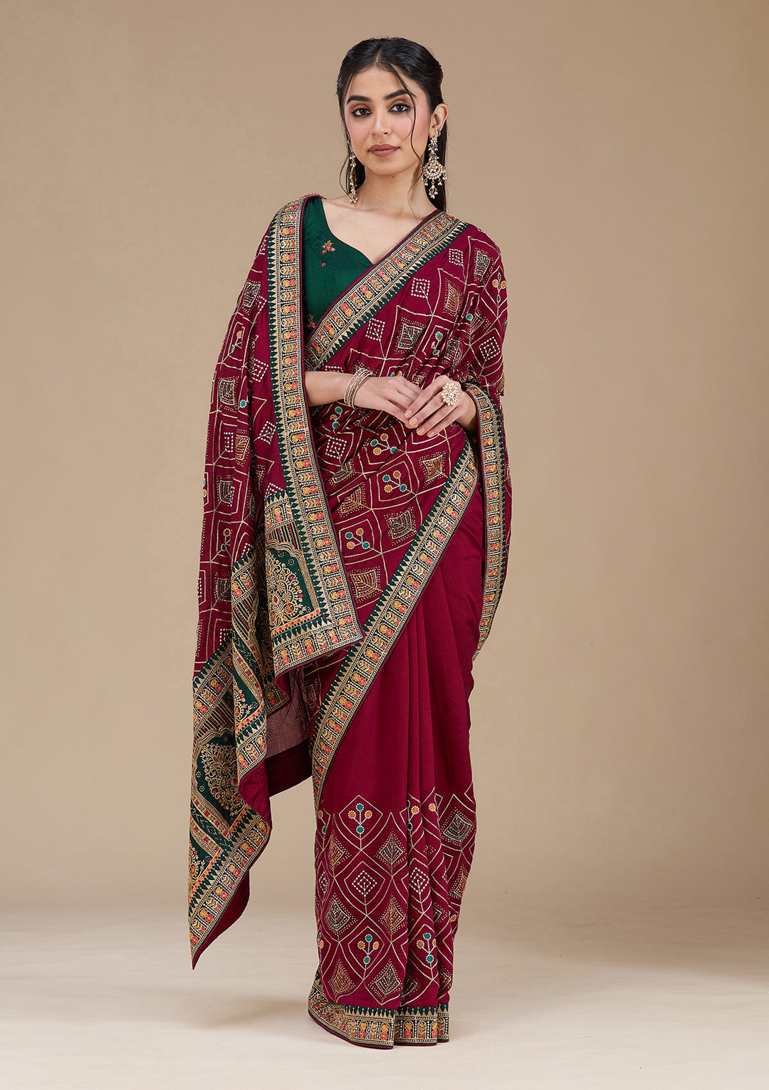 Wine Soft Raw Silk Bandhej Threadwork Saree With Matching Blouse Piece