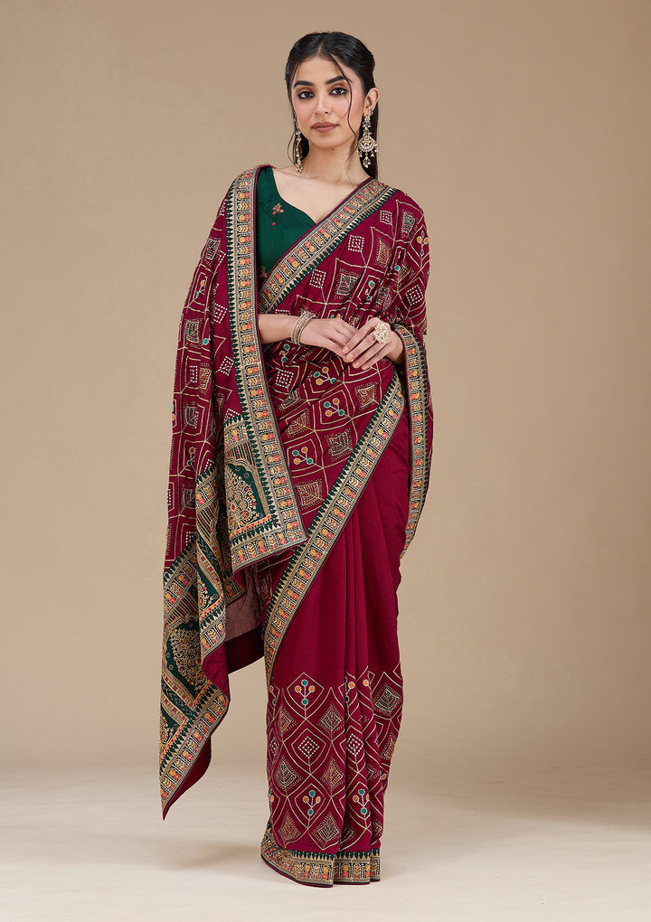 Wine Soft Raw Silk Bandhej Threadwork Saree With Matching Blouse Piece