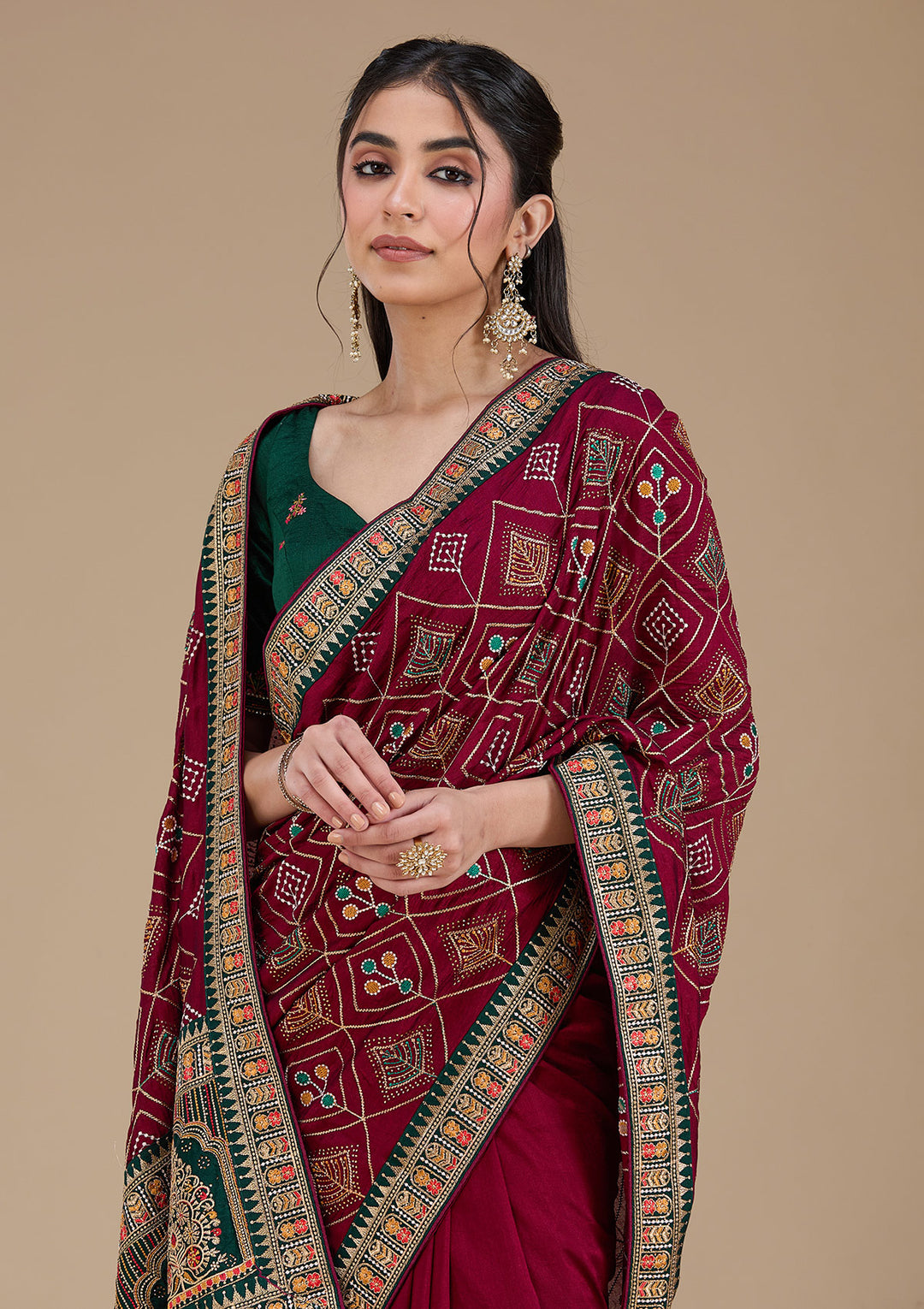 Wine Soft Raw Silk Bandhej Threadwork Saree With Matching Blouse Piece