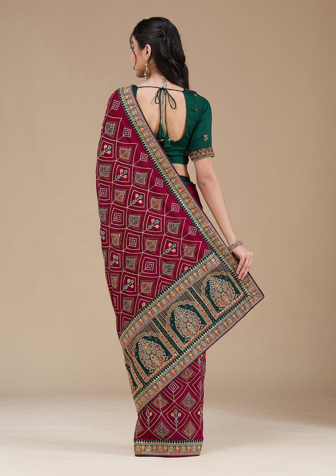 Wine Soft Raw Silk Bandhej Threadwork Saree With Matching Blouse Piece