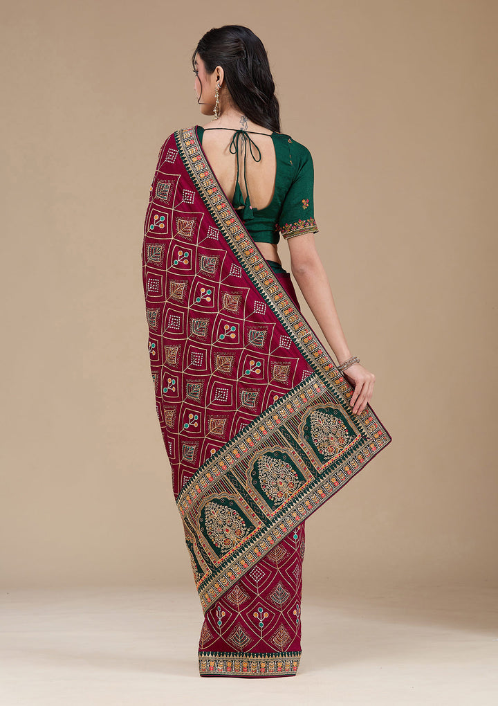 Wine Soft Raw Silk Bandhej Threadwork Saree With Matching Blouse Piece