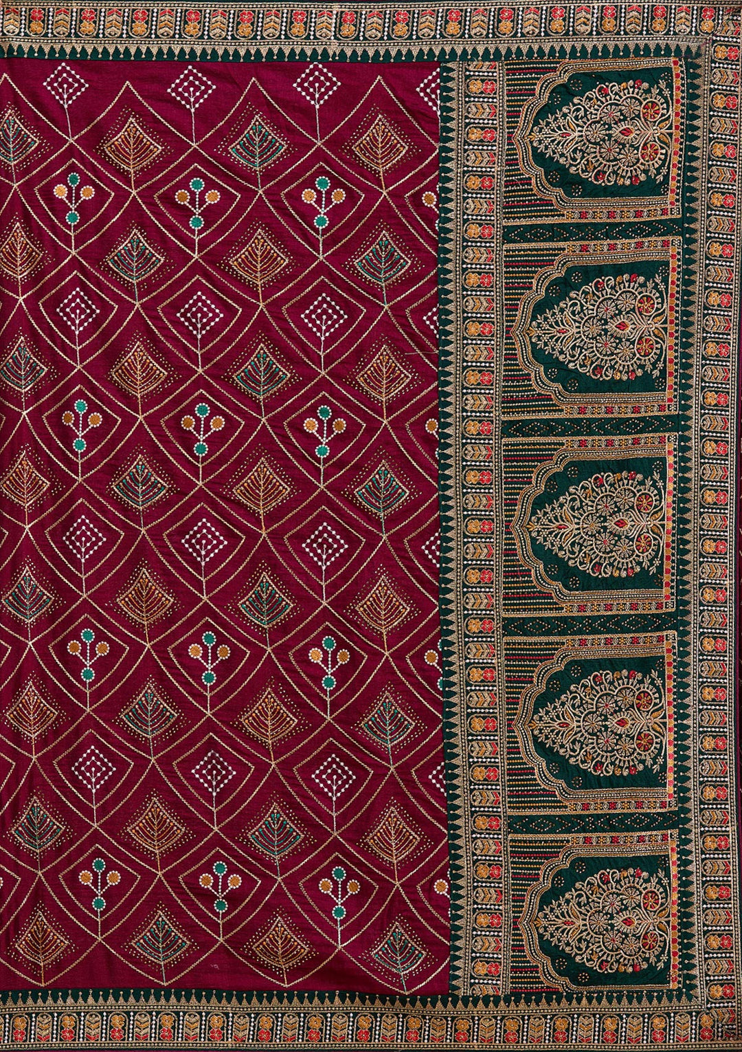 Wine Soft Raw Silk Bandhej Threadwork Saree With Matching Blouse Piece