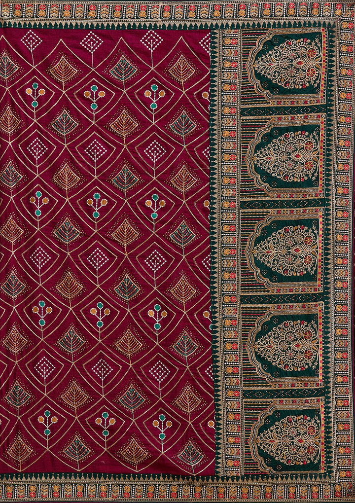 Wine Soft Raw Silk Bandhej Threadwork Saree With Matching Blouse Piece