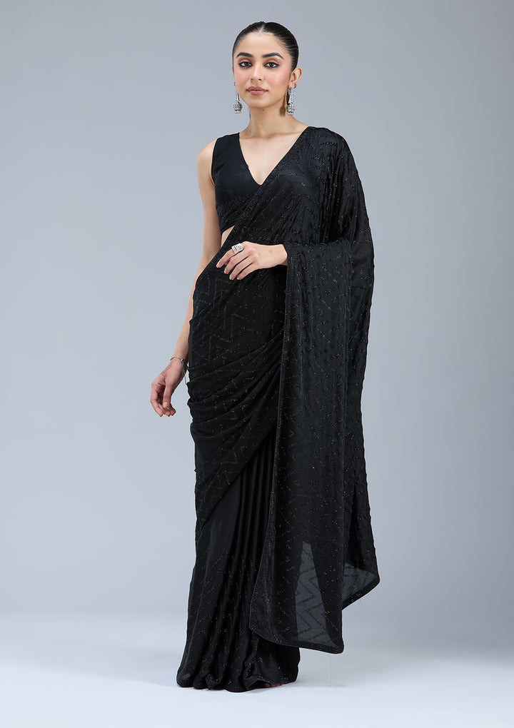 Black Organza Silver Stonework Saree With Matching Blouse Piece