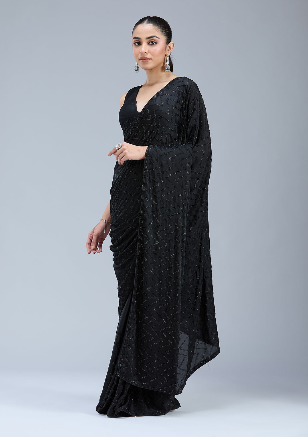 Black Organza Silver Stonework Saree With Matching Blouse Piece