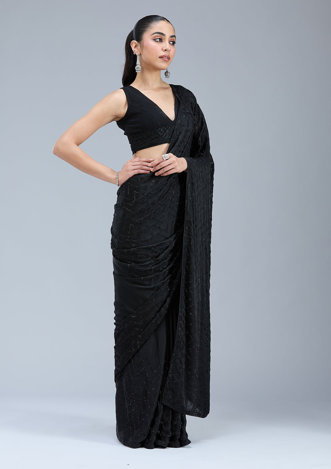 Black Organza Silver Stonework Saree With Matching Blouse Piece