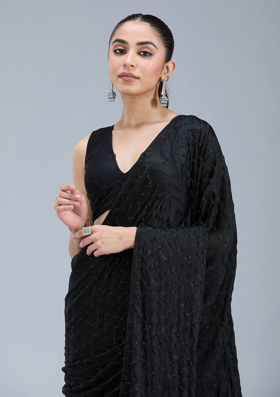 Black Organza Silver Stonework Saree With Matching Blouse Piece