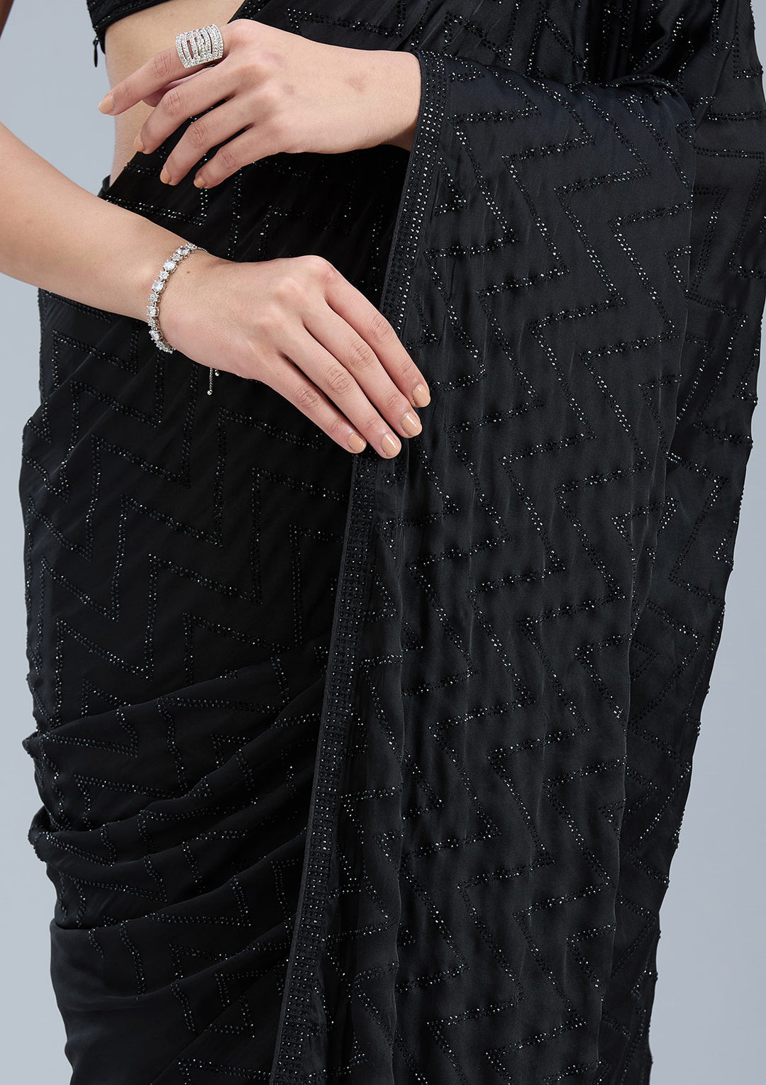 Black Organza Silver Stonework Saree With Matching Blouse Piece