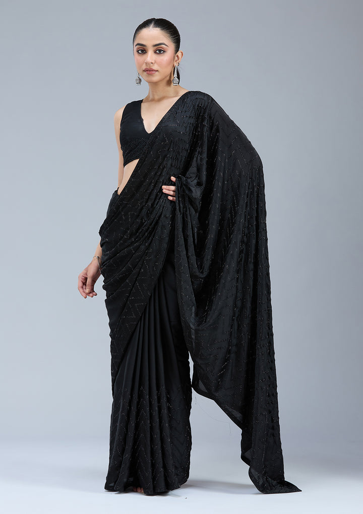 Black Organza Silver Stonework Saree With Matching Blouse Piece