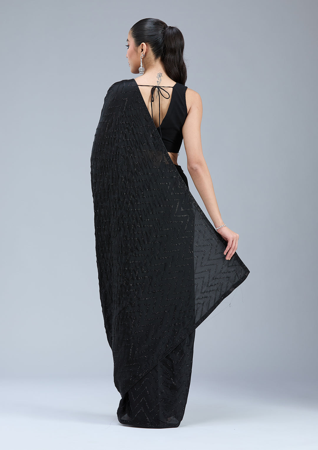 Black Organza Silver Stonework Saree With Matching Blouse Piece